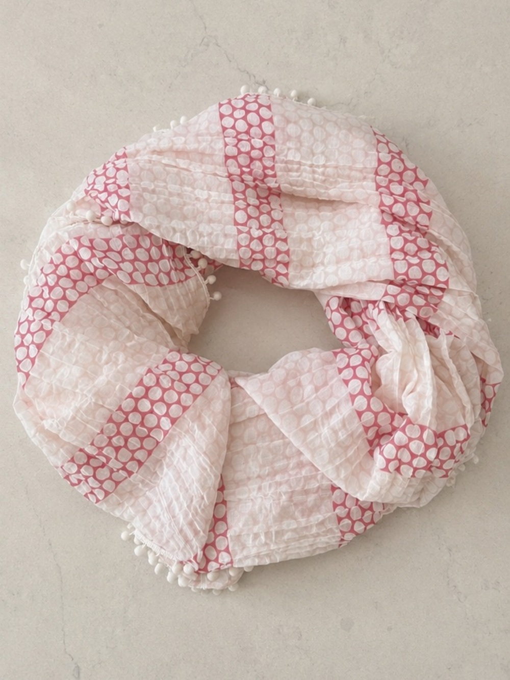 Ann Taylor Pink Ombré Polka Dot Crinkle Scarf Pom Pom Trim Wrap Shawl OS
